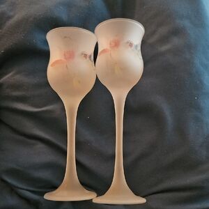 Elegant Frosted Glass Goblets with Floral Design and Hummingbirds